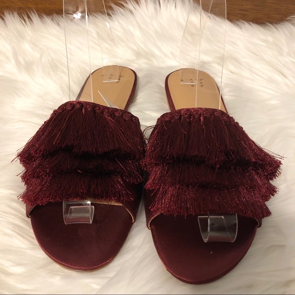 A New Day Sandals Burgundy Benetta Fringe Satin - Picture 5 of 8